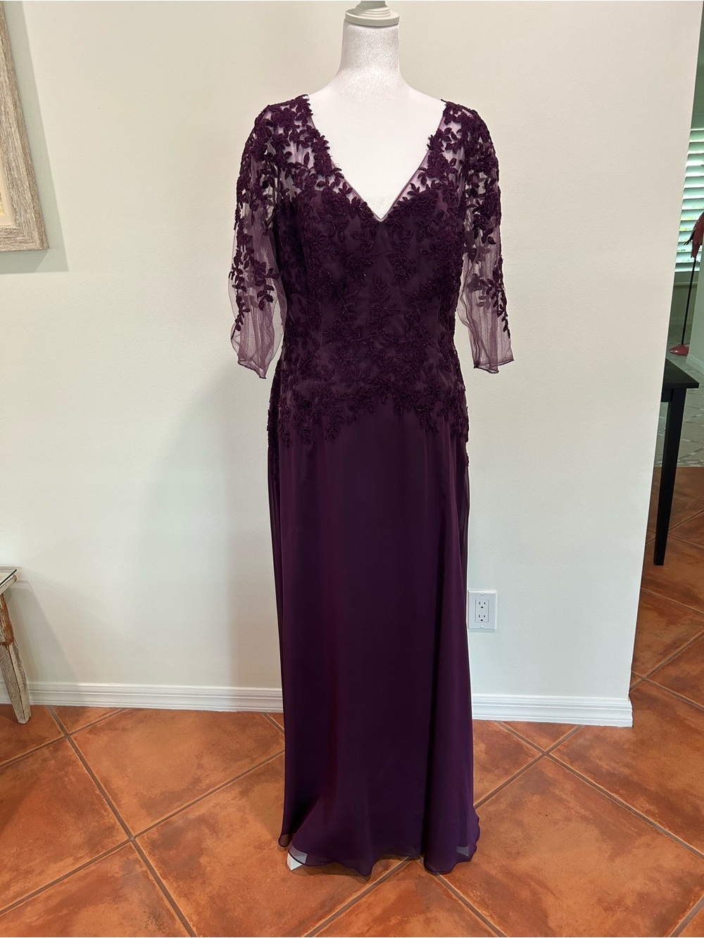 V-Neck 3/4 Sleeve Evening Gown in Deep Plum